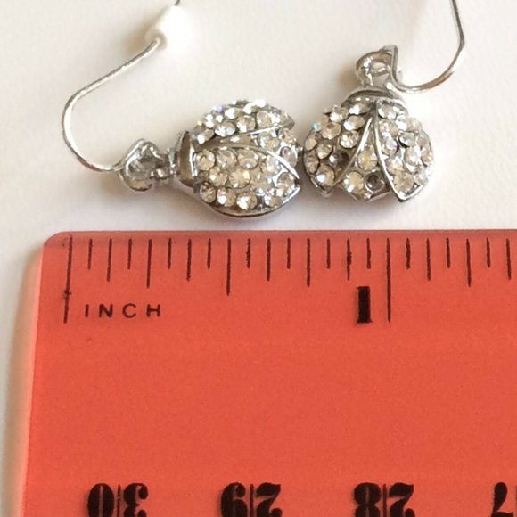 Silver Crystal Ladybug Earrings Sparkly Dainty - Picture 8 of 8